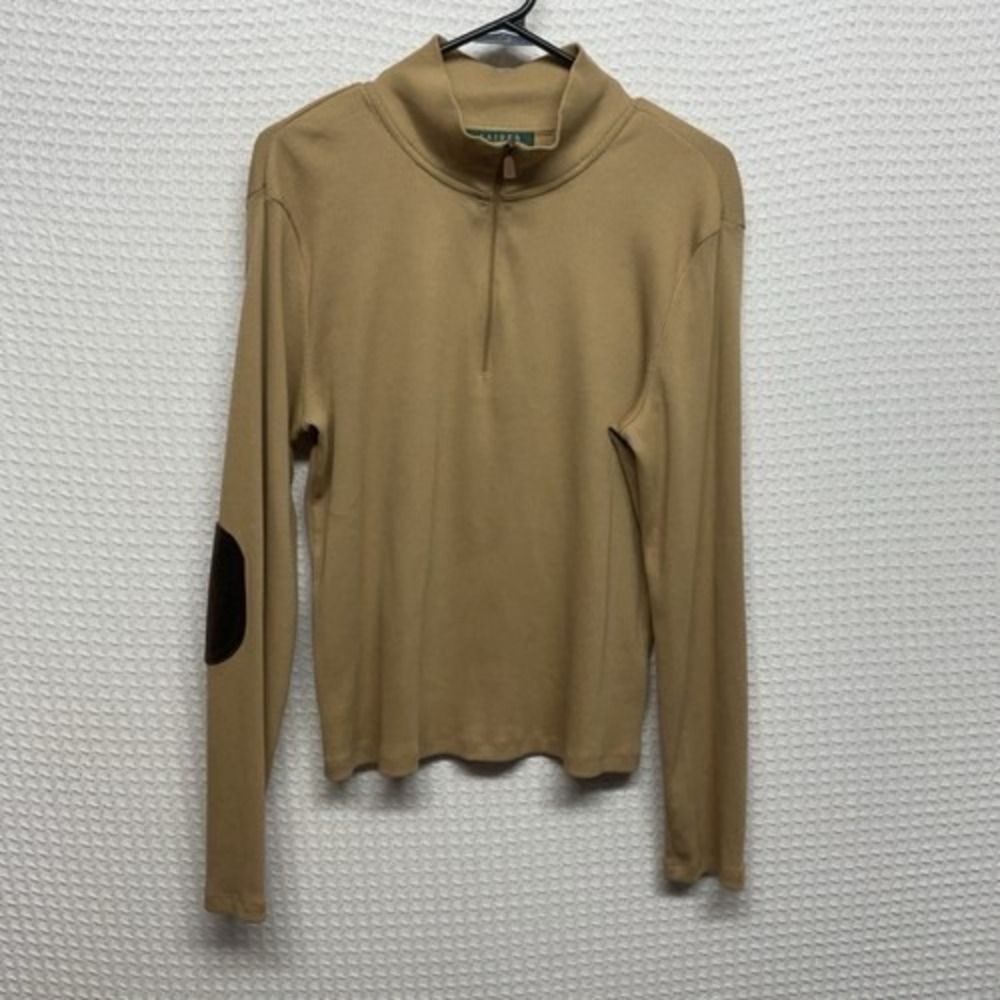 VTG Lauren Ralph Lauren Beige Elbow Patch 1/4 Zip MockNeck Sweater Women L USA